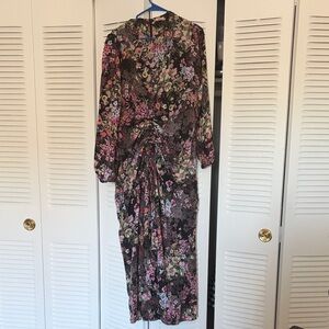 Black Floral Long Sleeve Ruched Midi Dress